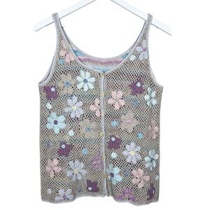 J Jill Womens crochet floral sleeveless sweater button front top dainty boho